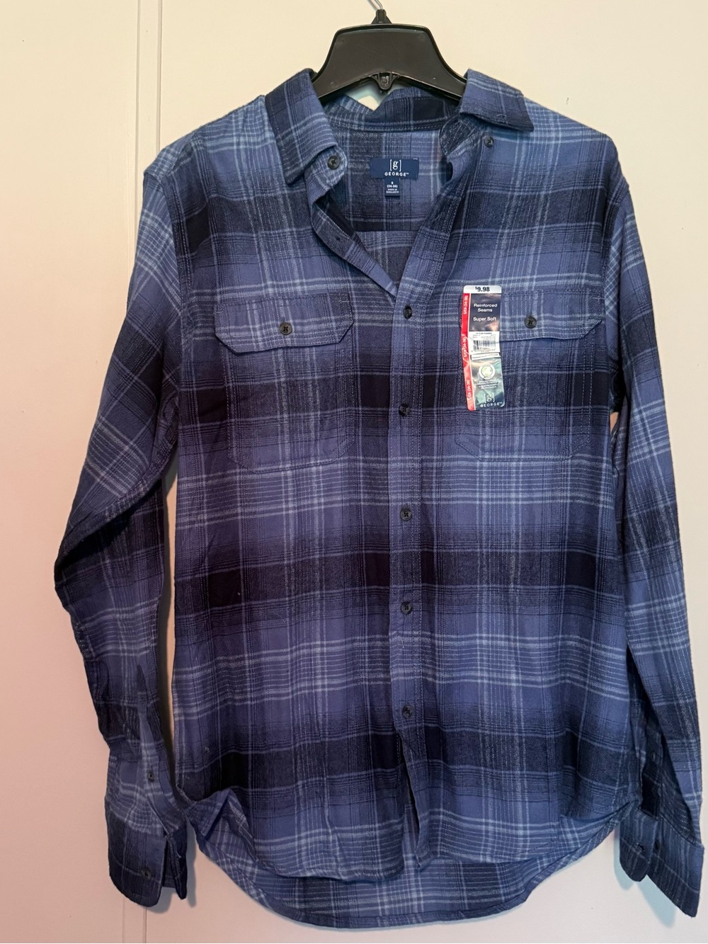 George Men's Navy and Light Blue Plaid Button-Down Shirt